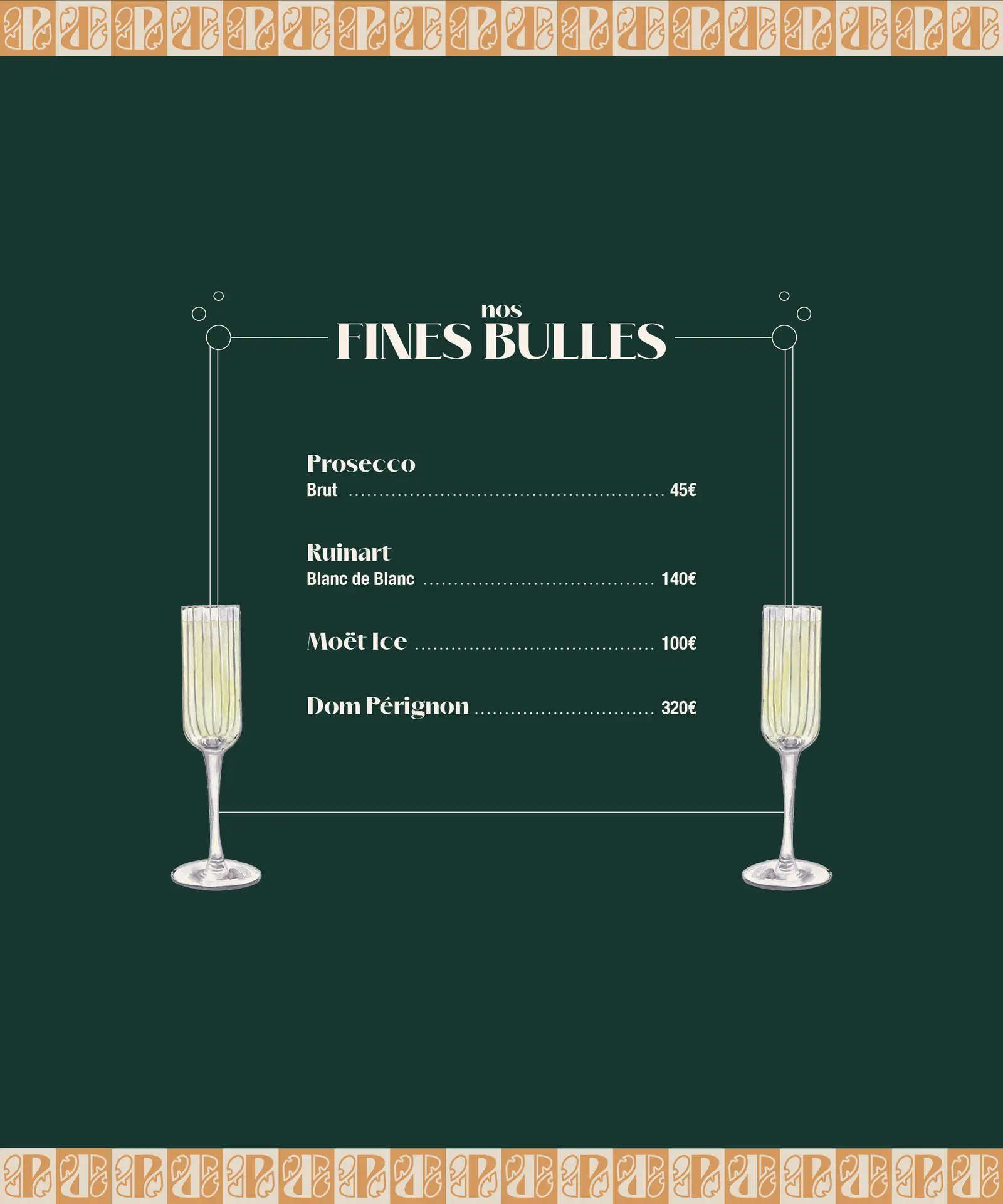 Carte des bulles et champagnes proposée par Le Paseo Cocktail Club à La Grande Motte, pour des soirées élégantes et festives