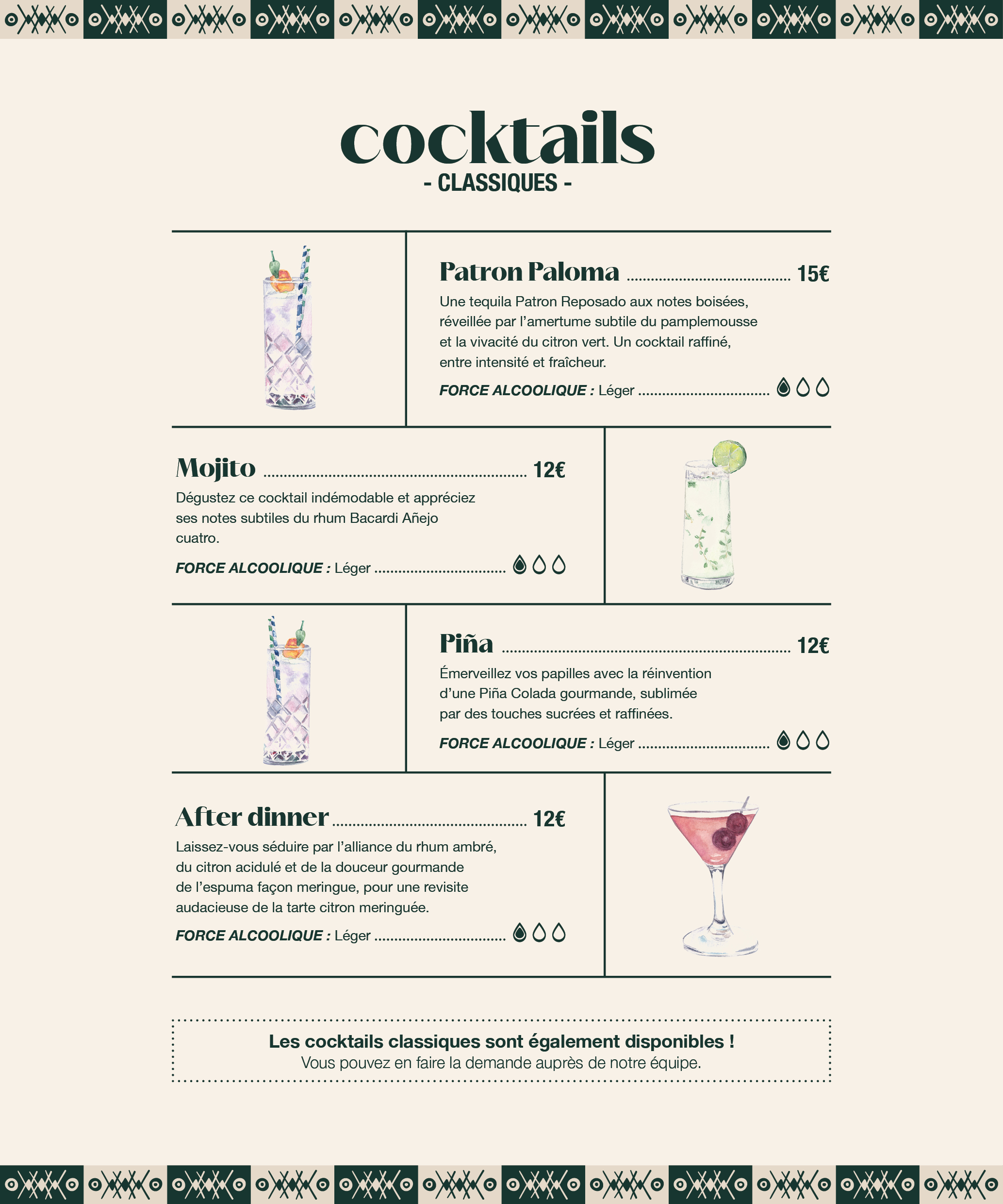 Nos cocktails classiques proposés au Paseo à La Grande Motte, lieu incontournable pour savourer tapas et cocktails en bord de mer