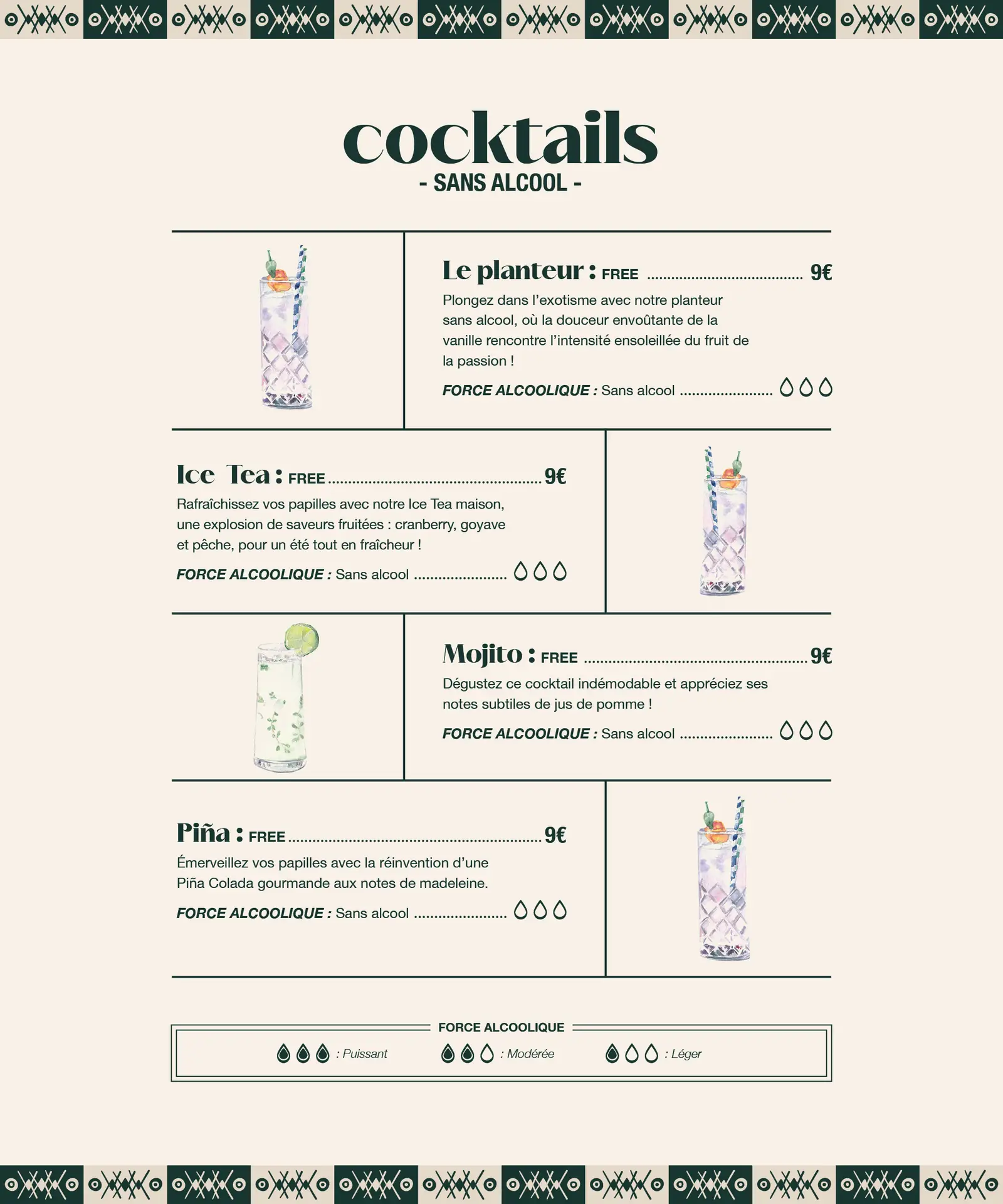 Nos cocktails sans alcool du Paseo Cocktail Club à La Grande Motte, idéal pour profiter d’une soirée festive sans alcool