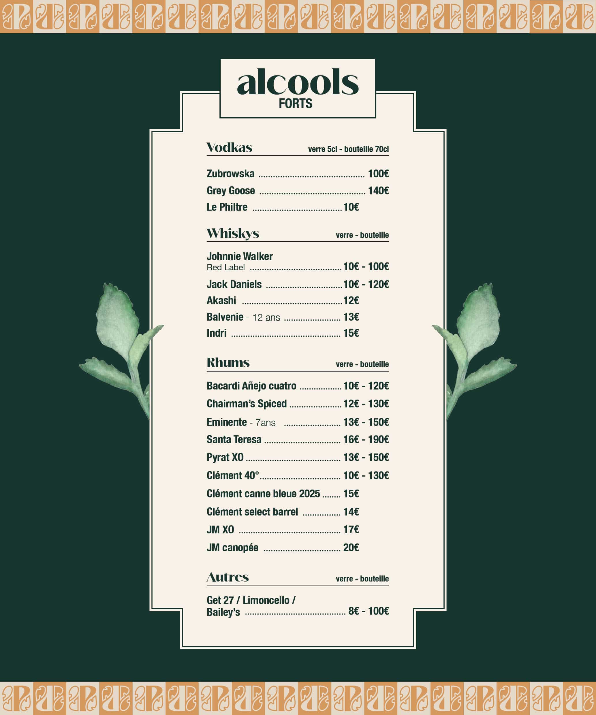 Carte des alcools forts du Paseo à La Grande Motte : vodkas Grey Goose, whiskys Jack Daniels et Balvenie, rhums Clément Bacardi Santa Teresa Pyrat — verre ou bouteille pour soirée groupe