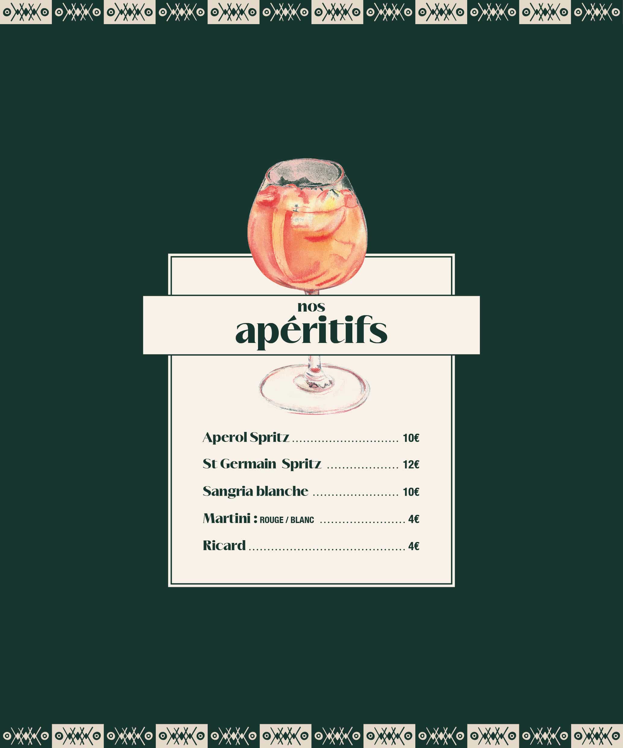 Carte des apéritifs du Paseo à La Grande Motte : Aperol Spritz, St Germain Spritz, Sangria blanche, Martini rouge et blanc, Ricard — idéal apéro en terrasse ou soirée estivale