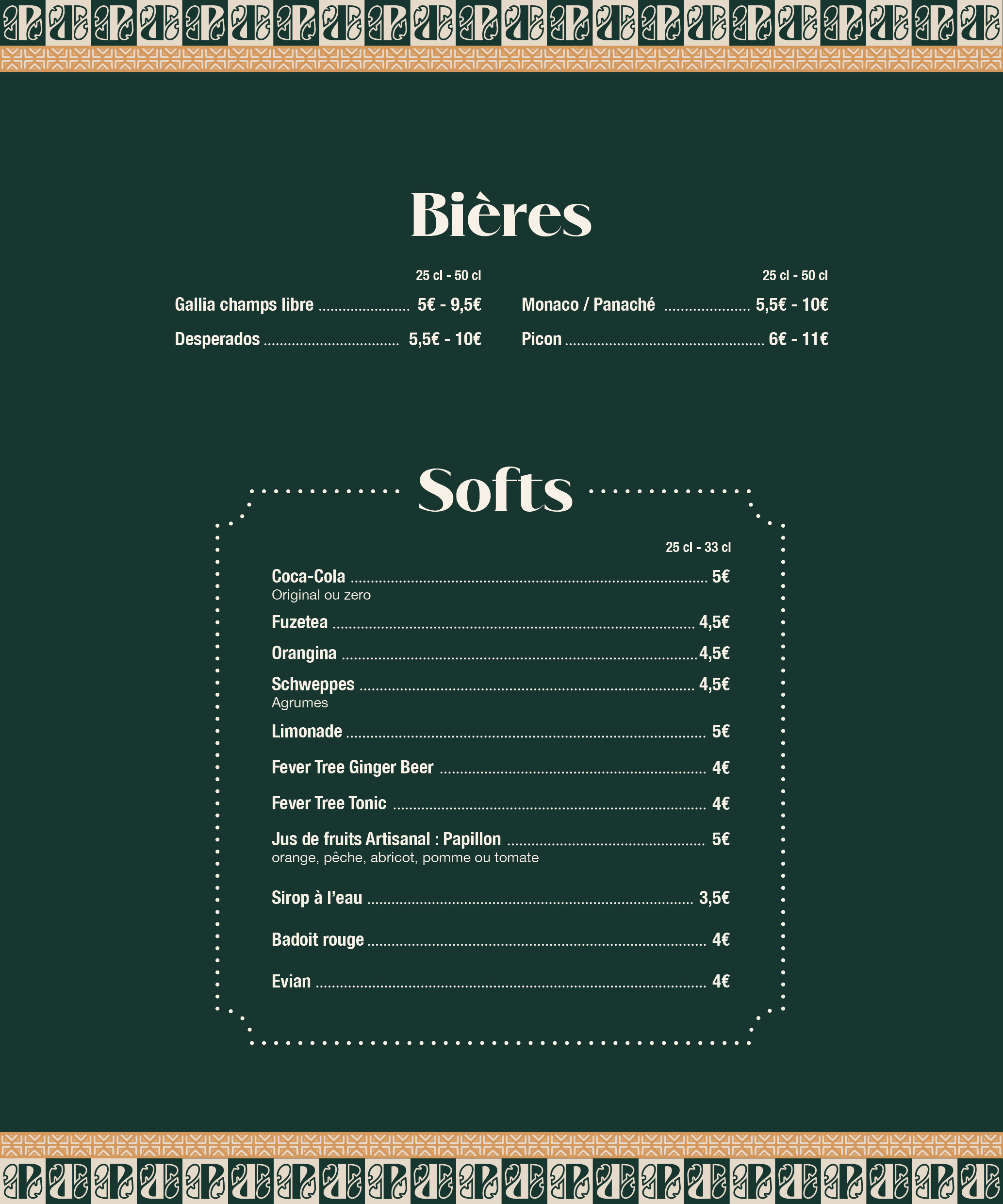 Carte bières et softs du Paseo à La Grande Motte : Gallia, Desperados, Monaco, Picon, Coca-Cola, Fever Tree Ginger Beer, jus artisanal Papillon — boissons fraîches pour toute la soirée