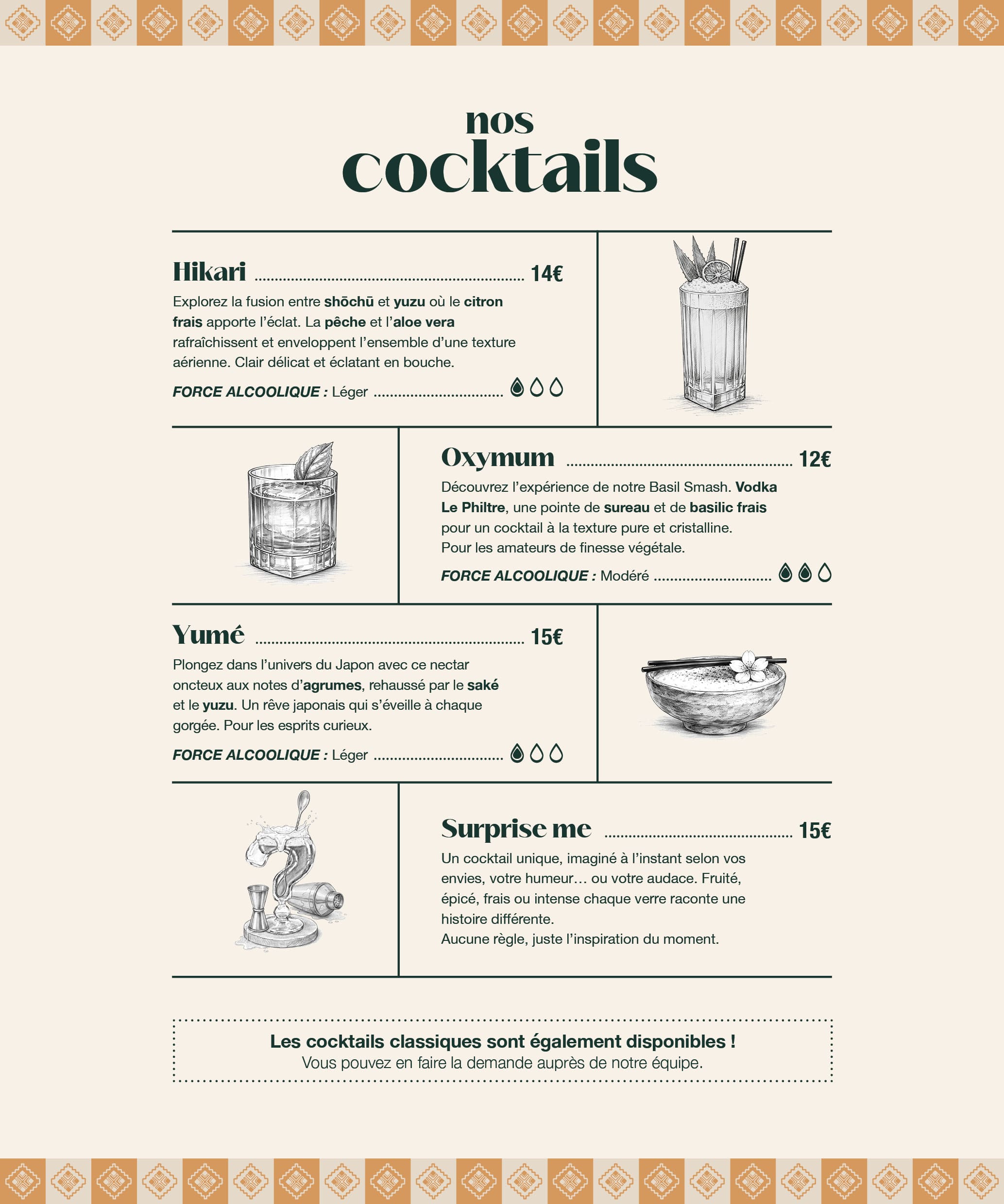 Cocktails créatifs et originaux du Paseo cocktail club à La Grande Motte : Hikari shōchū yuzu aloe vera, Oxymum vodka basilic sureau, Yumé saké yuzu agrumes, Surprise me cocktail du moment — expérience unique