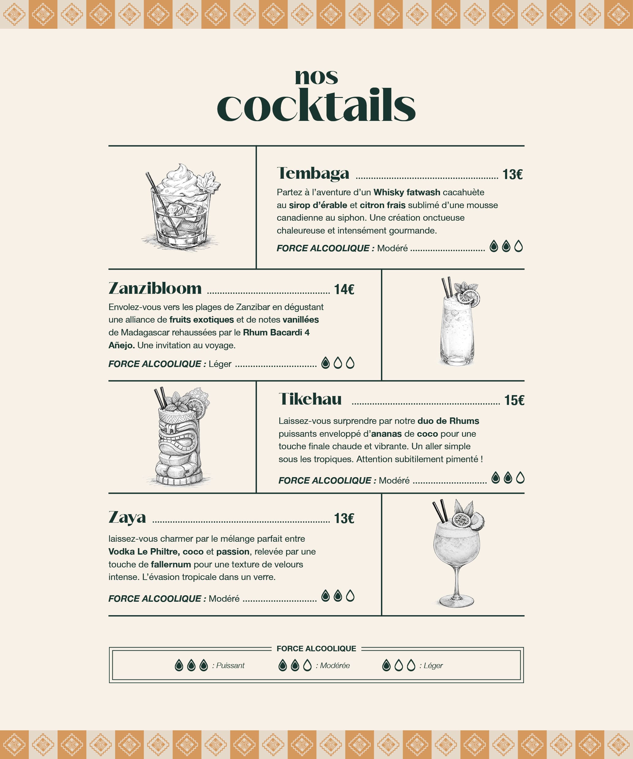 Cocktails exotiques et d'évasion du Paseo à La Grande Motte : Tembaga whisky cacahuète érable, Zanzibloom rhum fruits exotiques vanille, Tikehau duo rhum coco ananas, Zaya vodka coco passion