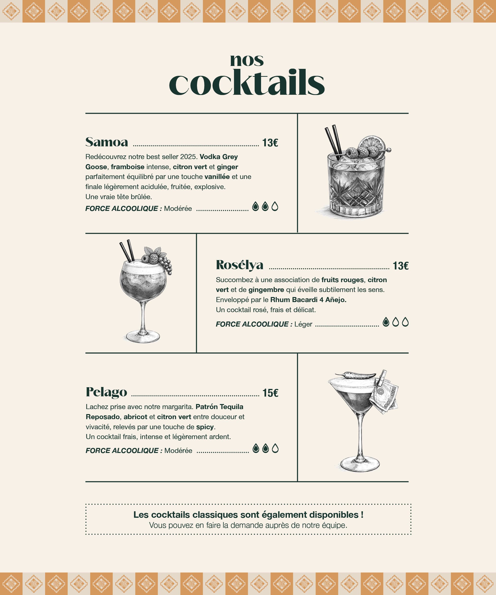 Cocktails fruités et festifs du Paseo cocktail club à La Grande Motte : Samoa vodka Grey Goose framboise, Rosélya rhum fruits rouges, Pelago tequila Patron abricot spicy — idéal soirée groupe ou EVJF