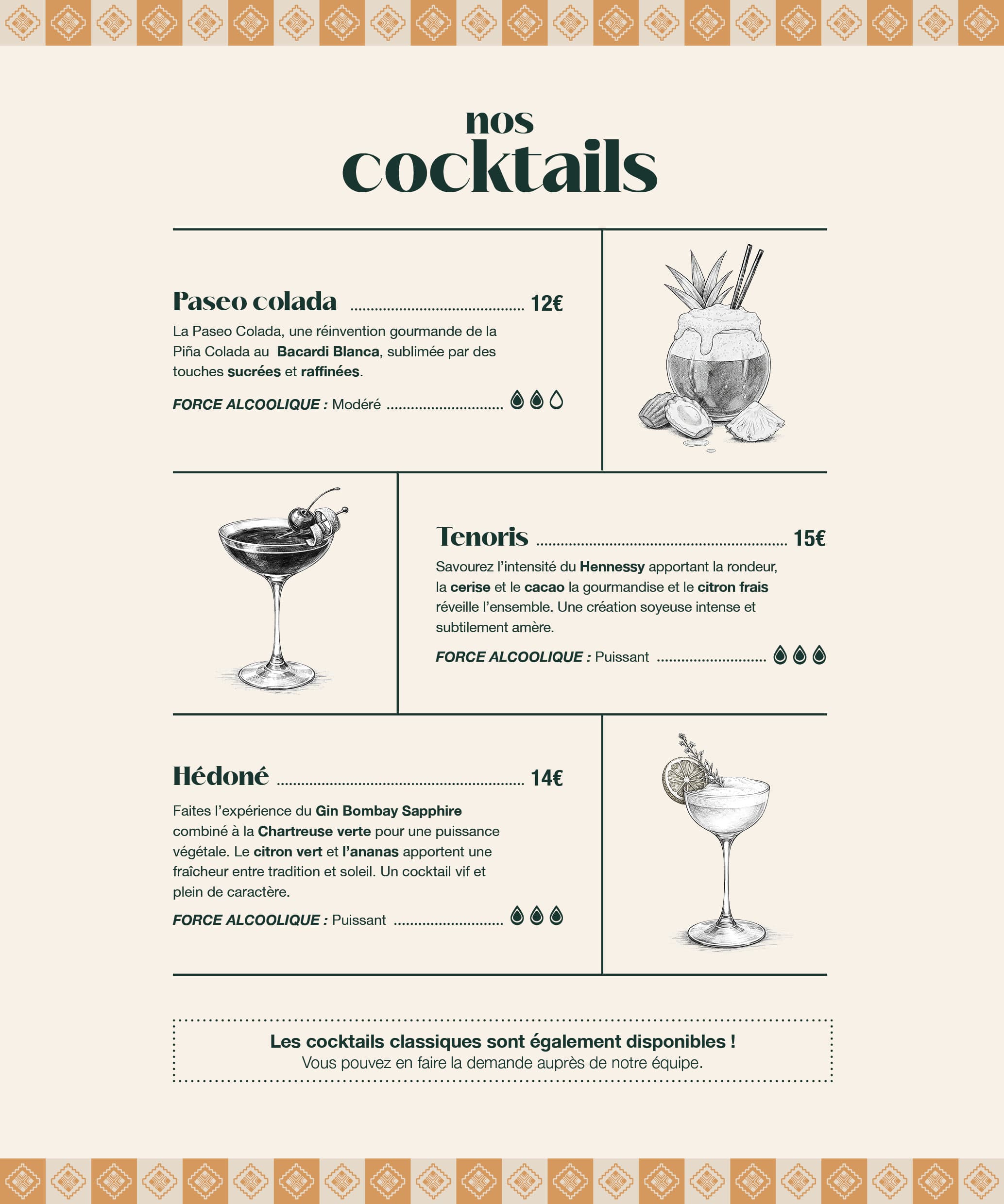 Cocktails maison du Paseo cocktail club à La Grande Motte : Paseo Colada Bacardi, Tenoris Hennessy cerise cacao, Hédoné Gin Bombay Sapphire chartreuse — créations originales pour soirée ou EVJF