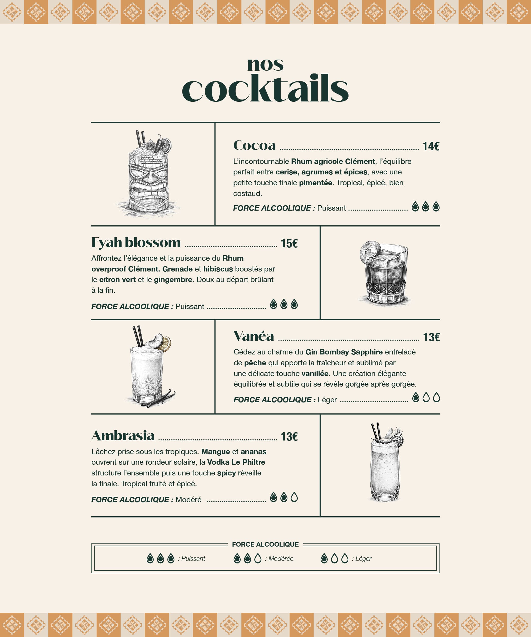 Sélection de cocktails rhum et gin du Paseo à La Grande Motte : Cocoa rhum Clément épicé, Fyah Blossom rhum overproof hibiscus, Vanéa gin pêche vanille, Ambrasia vodka mangue ananas spicy