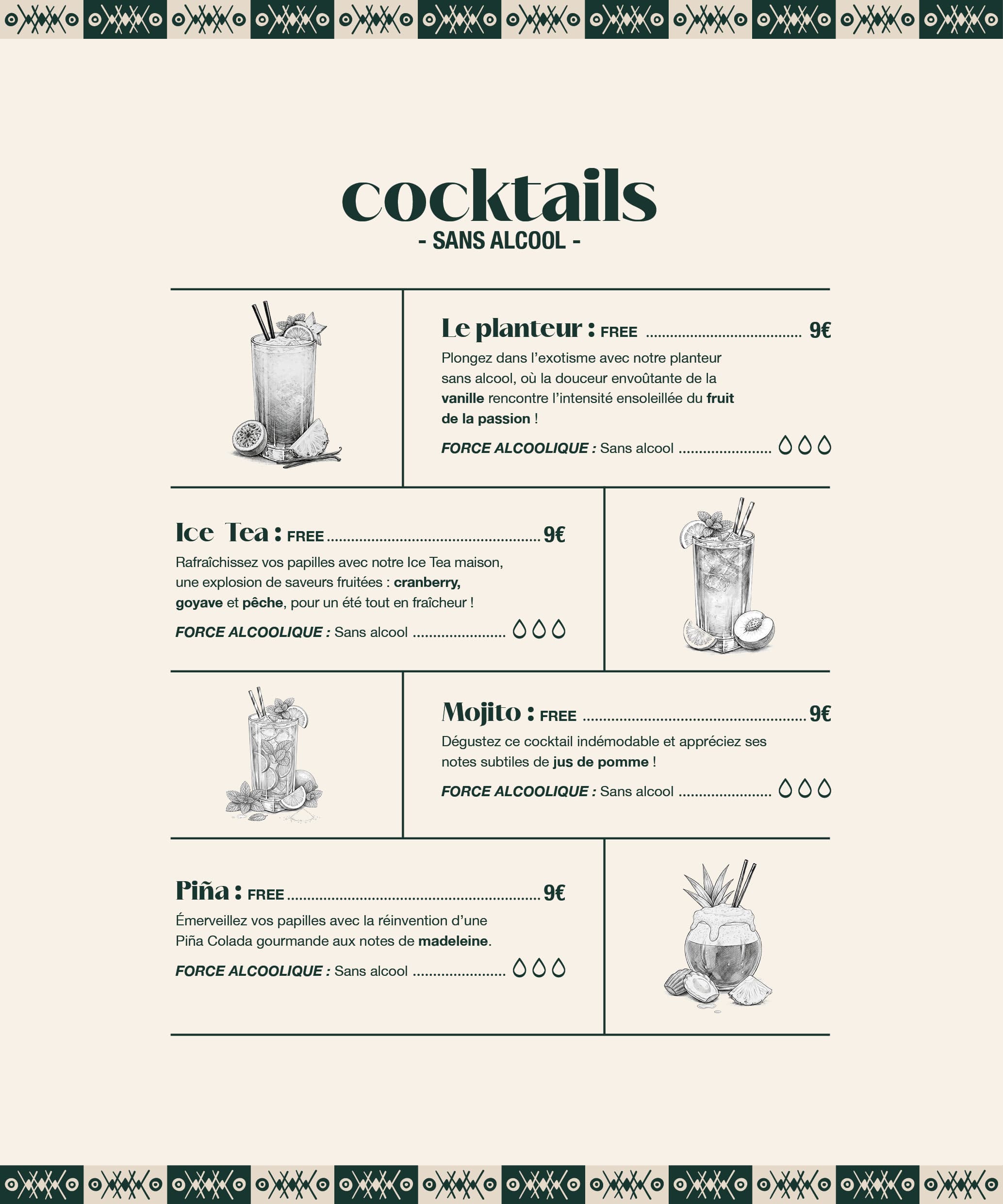 Carte des cocktails sans alcool et mocktails du Paseo à La Grande Motte : planteur vanille passion, ice tea cranberry pêche, mojito sans alcool, piña colada gourmande — idéal conducteur, grossesse ou sobriété
