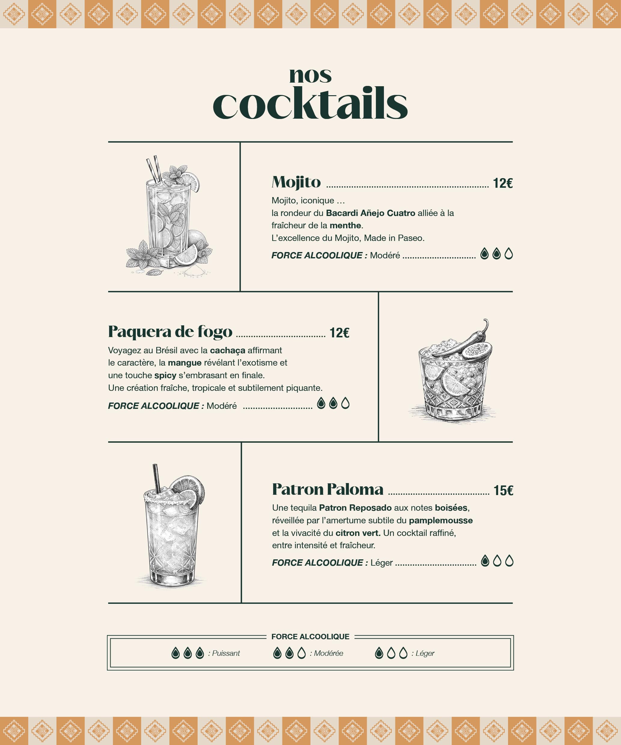 Carte des cocktails signature du Paseo à La Grande Motte : Mojito Bacardi, Paquera de fogo cachaça mangue spicy, Patron Paloma tequila pamplemousse — cocktails maison pour soirée ou afterwork