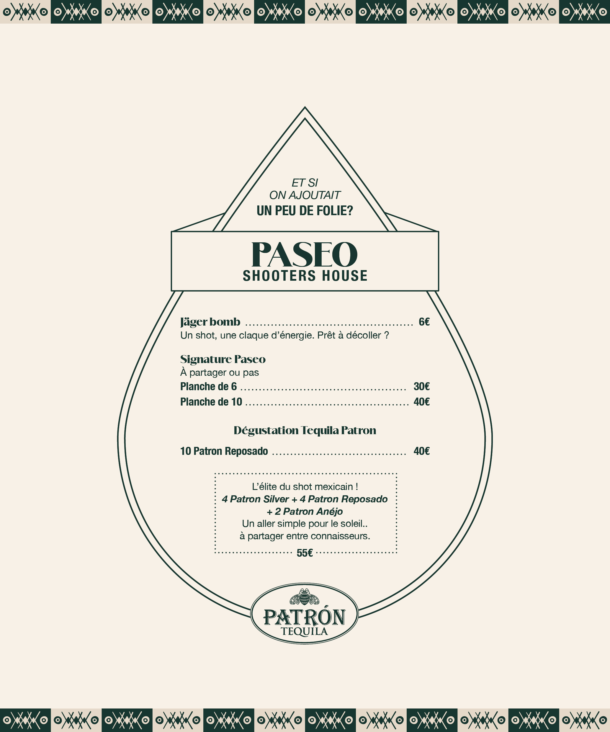 Carte des shooters du Paseo cocktail club à La Grande Motte : Jäger bomb, planche de shots signature 6 ou 10, dégustation tequila Patron Silver Reposado Anejo — idéal soirée groupe, anniversaire ou EVJF