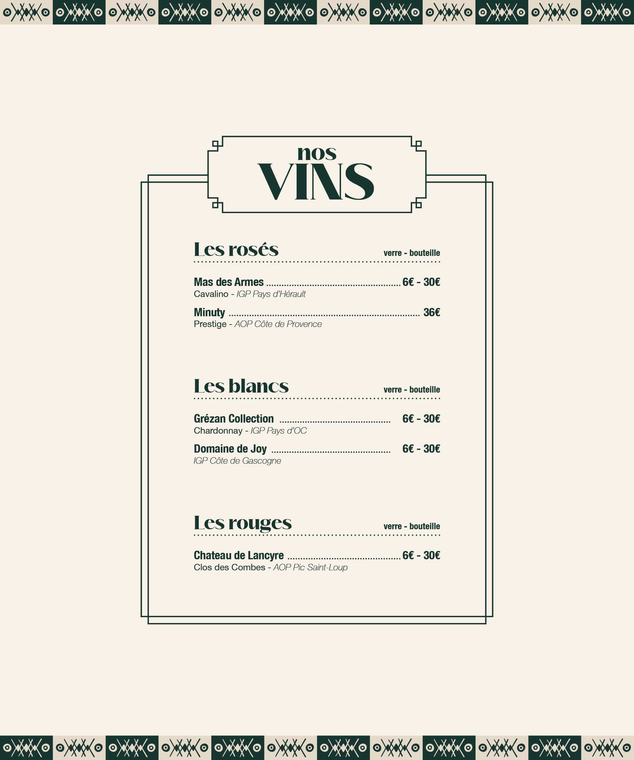Carte des vins du Paseo cocktail club à La Grande Motte : rosé Minuty Côte de Provence, Mas des Armes IGP Hérault, blanc Grézan Chardonnay, Domaine de Joy, rouge Château de Lancyre Pic Saint-Loup — verre ou bouteille